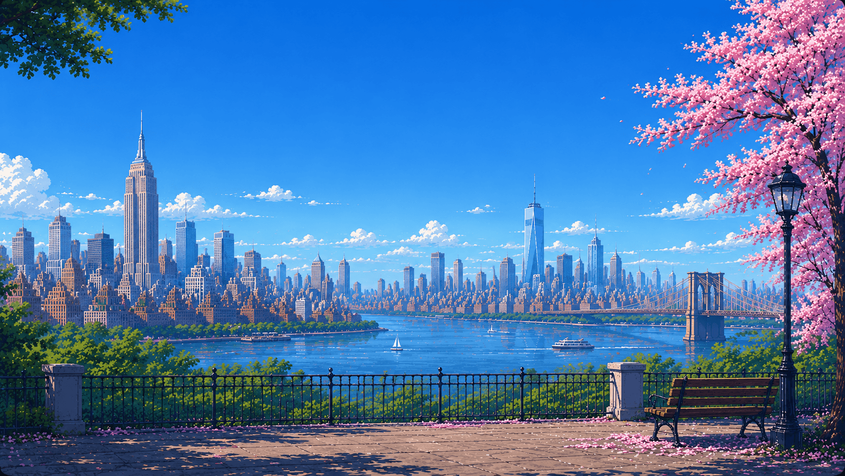 Pixel-art view of the Manhattan skyline in spring, seen across the water from a park promenade with cherry blossom, a lamppost and an empty bench.